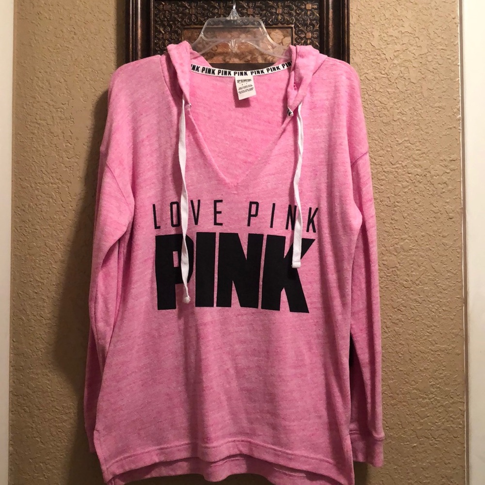 Worn once PINK Victoria’s Secret hoodie. 60% cotton 40% poly. Neon pink color
